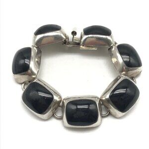 Taxco Mexico Vintage 925 Sterling Silver Black Onyx Chunky Modern Bracelet 6.75"